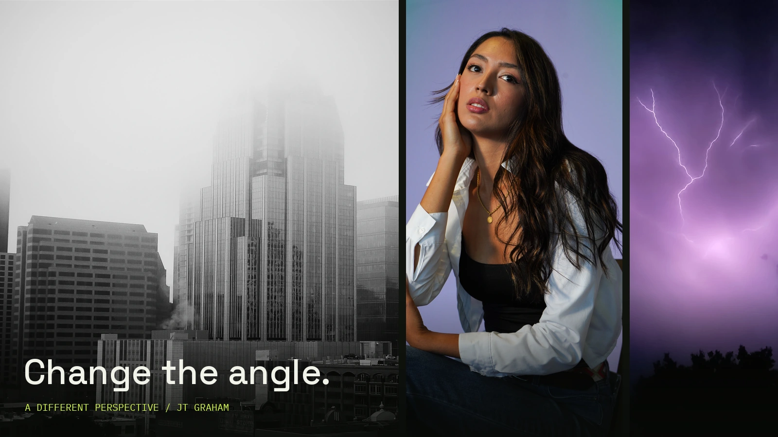 Photographs by JT Graham: a city in fog, a studio portrait and violet lightning.